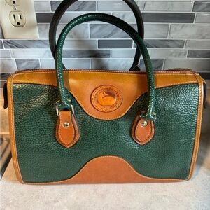 Vintage Dooney & Bourke AWL Satchel Green Tan Leather Zip Top! 13”x9”!